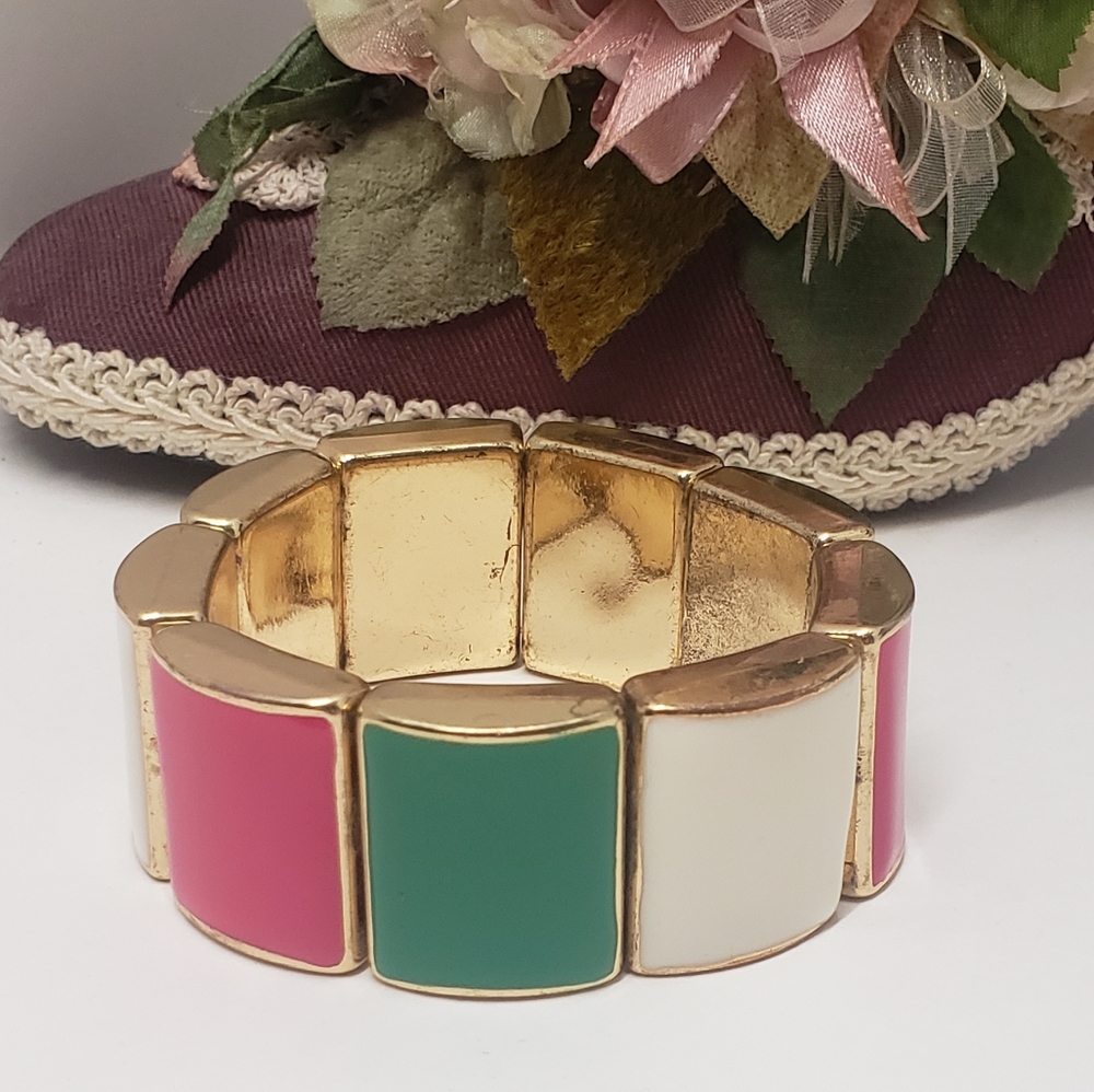 Pink Green & White Retro Stretch Bracelet Gold Tone Statement Bracelet - Picture 4 of 4